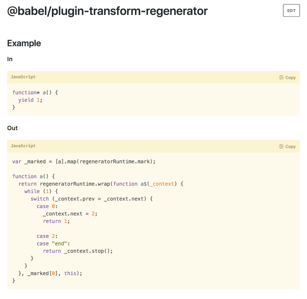 Babel documentation how generators are transpiler