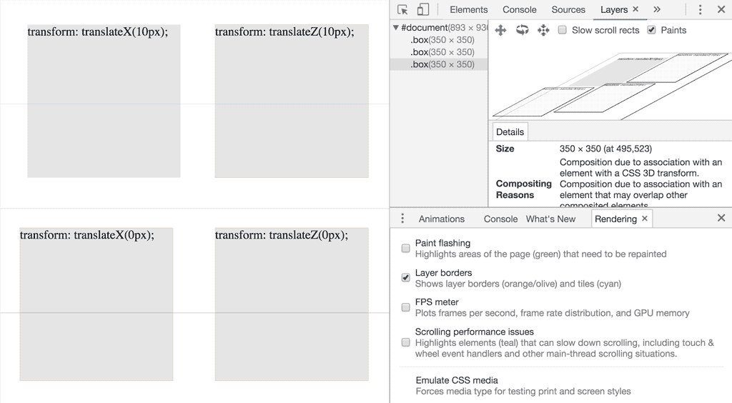 DevTools layers panel and DevTools rendering panel