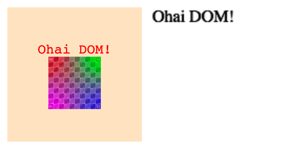 A colored square with colord text and an image inside. Next to it a completely unstyled version of the text and no image.